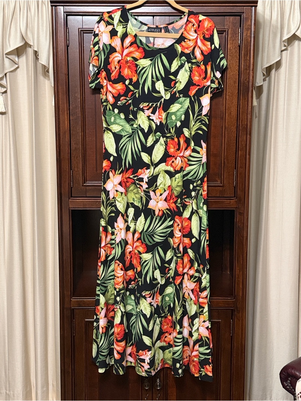 Attitudes by Renee Black Maxi Dress with Orange & Green Tropical Print